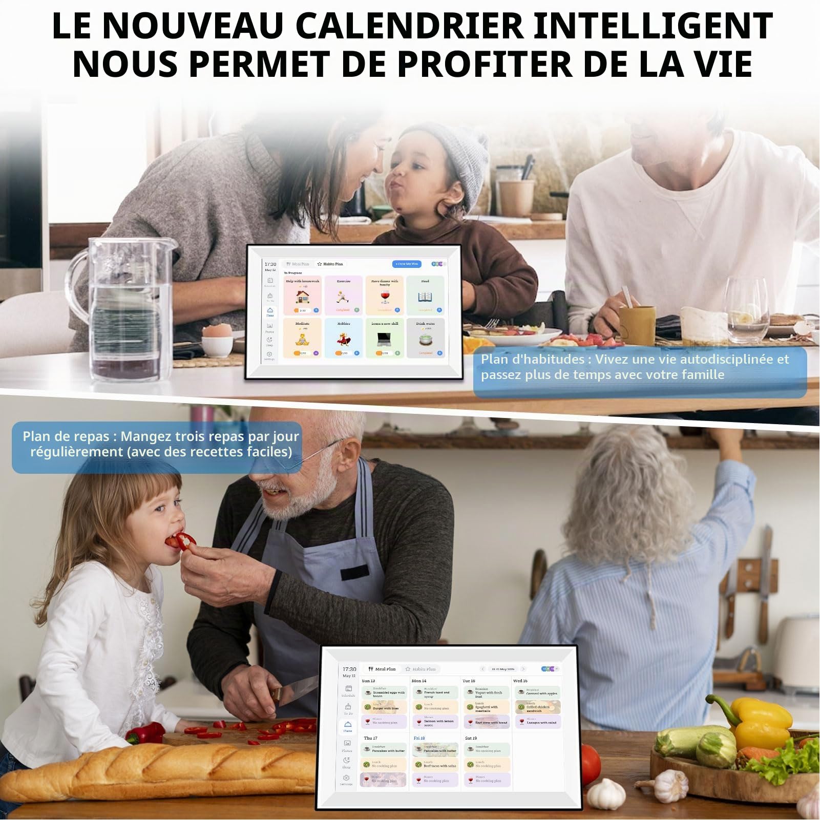 Qcwwy Calendrier Numérique de 10 Pouces, Calendrier électronique pour les Tâches Familiales avec Rétroéclairage Réglable, Support Multilingue, Planificateur Mural, écran Tactile (02)