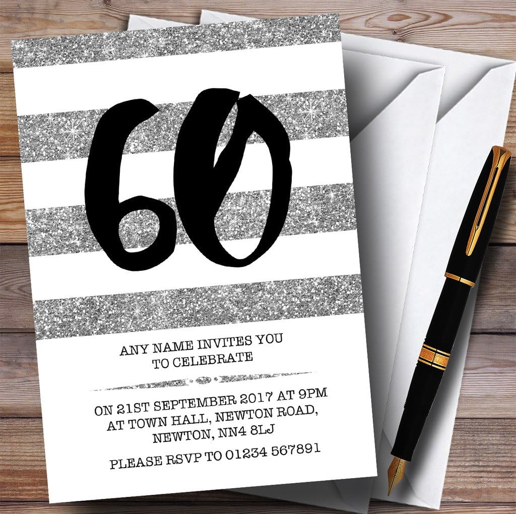 Glitter Silver & White Striped 60th Personalized Birthday Party Invitations