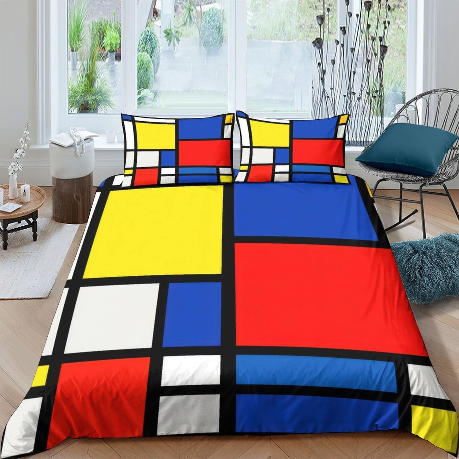 Ctjqhvkz Style-8 3D Printed Mondrian Color Block Fitted Sheet Microfiber Soft Breathable Abstract Geometric Mattress Cover For Bedroom Dorm Decor Single（135X200cm）