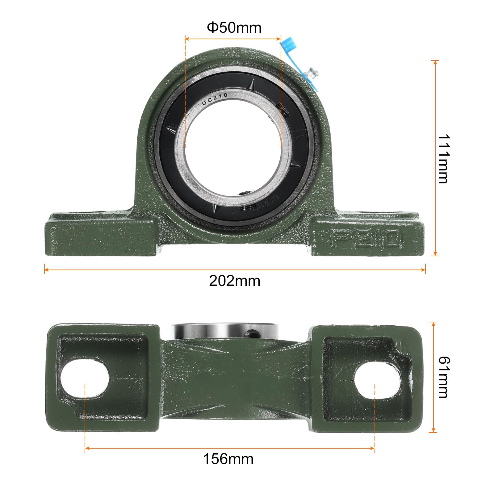 2 Piezas Rodamientos de Bloque de Almohada Ucp210, Diámetro de 50 mm, Autoalineación, Base de Hierro Fundido Sólido, Rodamientos de Acero Cromado Montados
