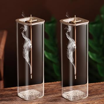 Insence-Stick Holder [Anti-Ash Flying], Modern Incense Burner Holder with Removable Glass Ash Catcher, for Home Decor Yoga Meditation 2 Pack Champagne Gold