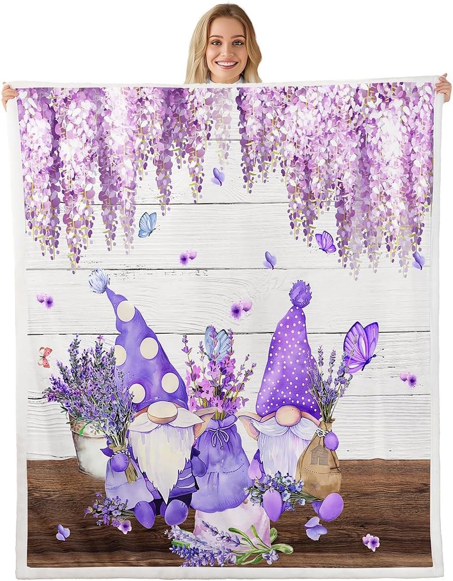Manfei Cute Gnomes Throw Blanket Purple Vine Flower Butterfly Blanket for Couch Sofa, Lavender Bouquet Bed Blanket for Kids Boys Girls, Soft and Breathable Fleece Blanket(90 x 90 Inches)