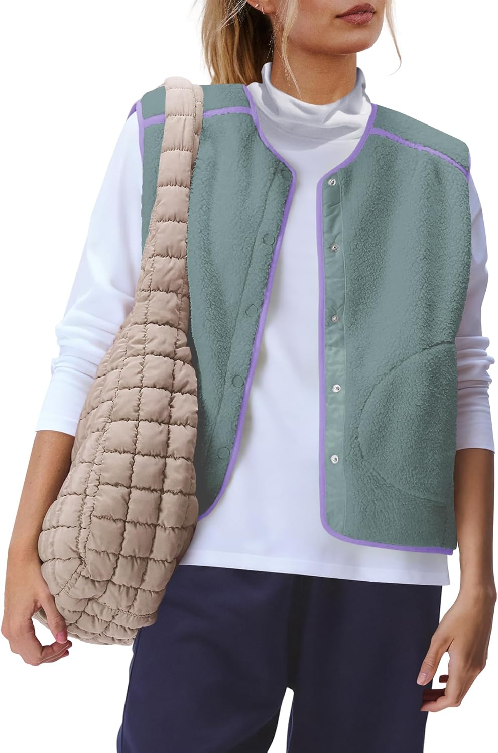 Panadila Womens Fuzzy Fleece Vest Oversized Sleeveless Sherpa Jacket Color Block Tops Button Down Outerwear with Pockets - Image 4