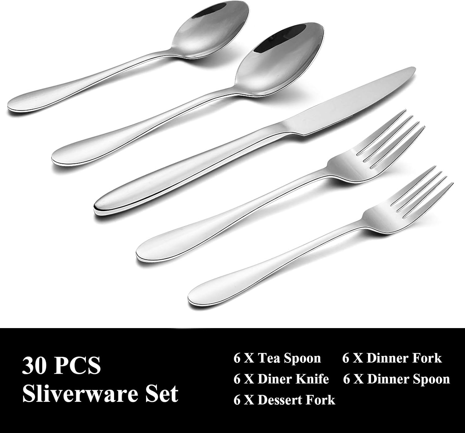 Umite Chef Silverware Set, 30-Piece Stainless Steel Flatware Cutlery Set for 6, Include Knife/Fork/Spoon, Mirror Polished Mirror Finish, Dishwasher Safe