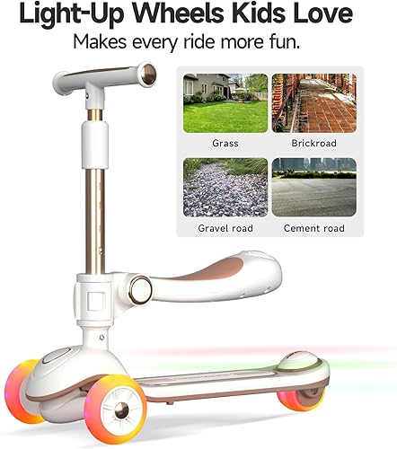 Miniatura 6 de 2-in-1 Kick Scooter, Adjustable Height Handlebars & Removable Seat, Foldable 3 Wheel LED Lighted Kick Scooter with Wide Anti-Slip Deck, for Kids