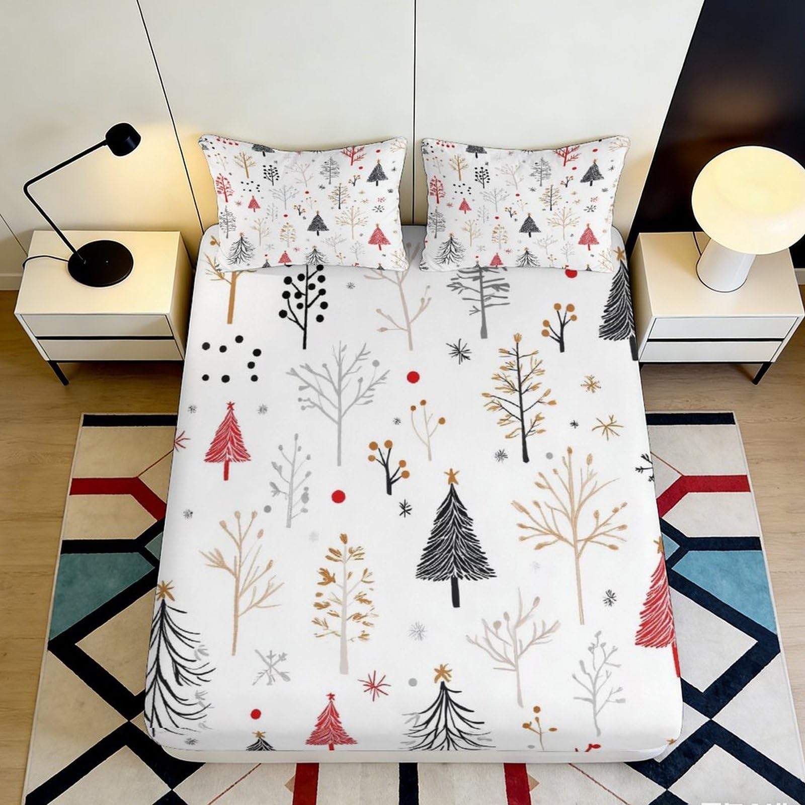3D Printed Winter Trees Fitted Sheet Microfiber Soft Breathable Christmas Pattern Mattress Cover for Bedroom Dormitory Guest Room Protection 180x200x25cm