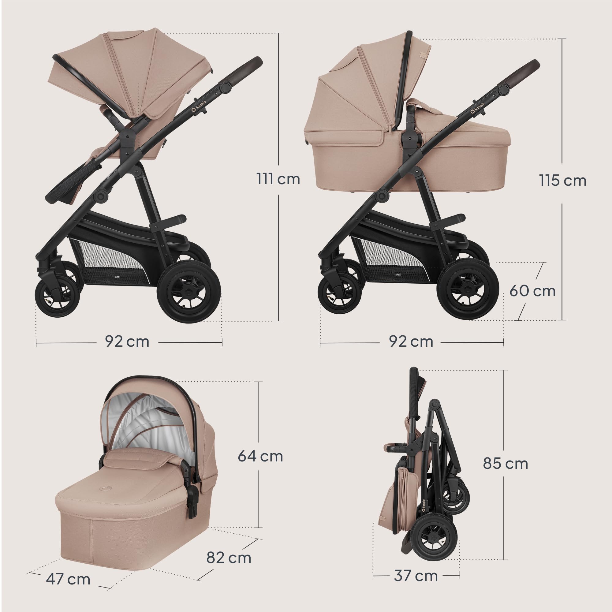 LIONELO BIANKA Kinderwagen 3 in 1 bis 22 kg, Babywanne, Autositz