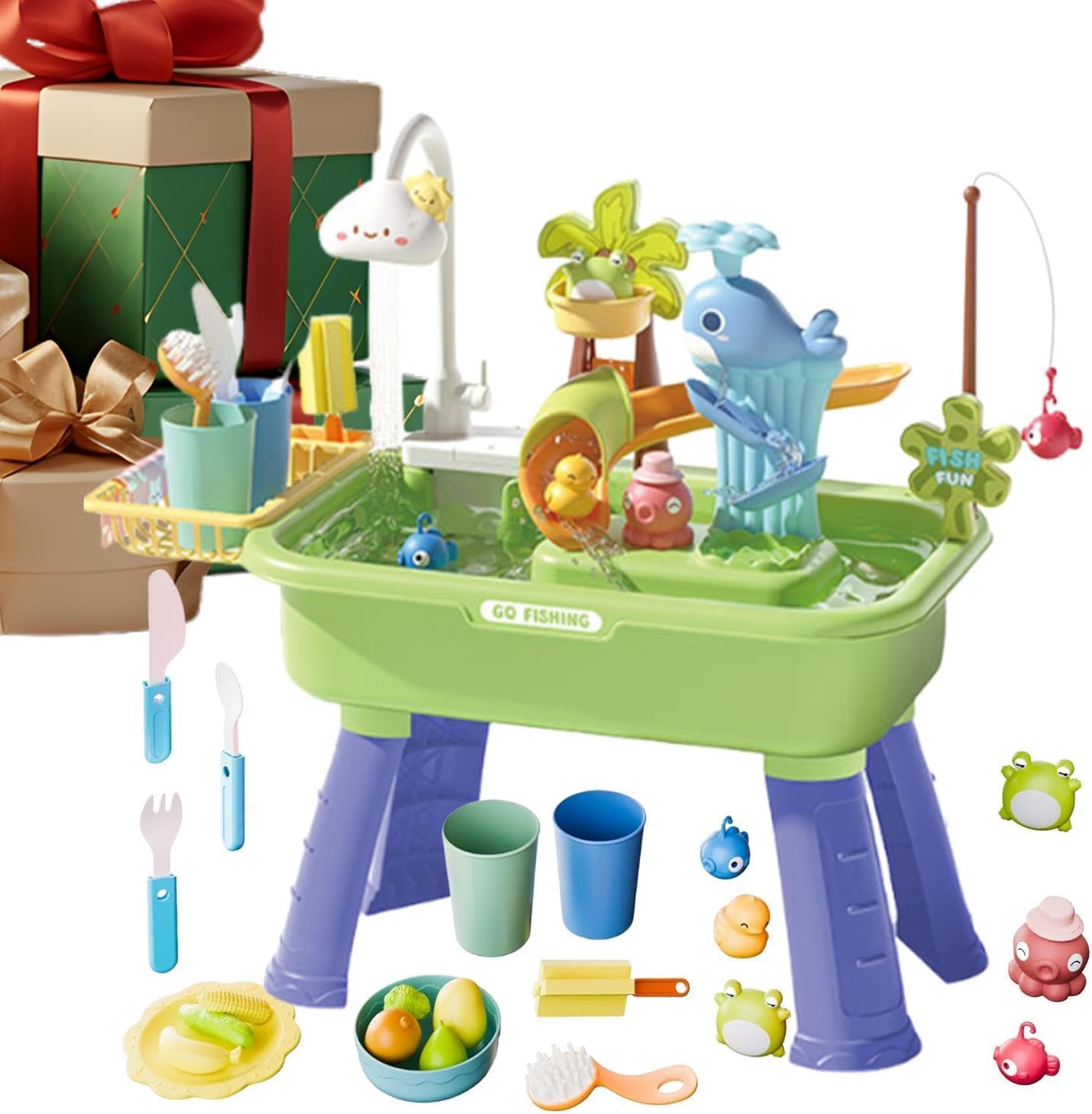 Kids Water Table for Outside, 4 in 1 Fishing Game Play Sink with Pump and Running Water, Outdoor Summer Pool Toy for Boys Girls Ages 4–8