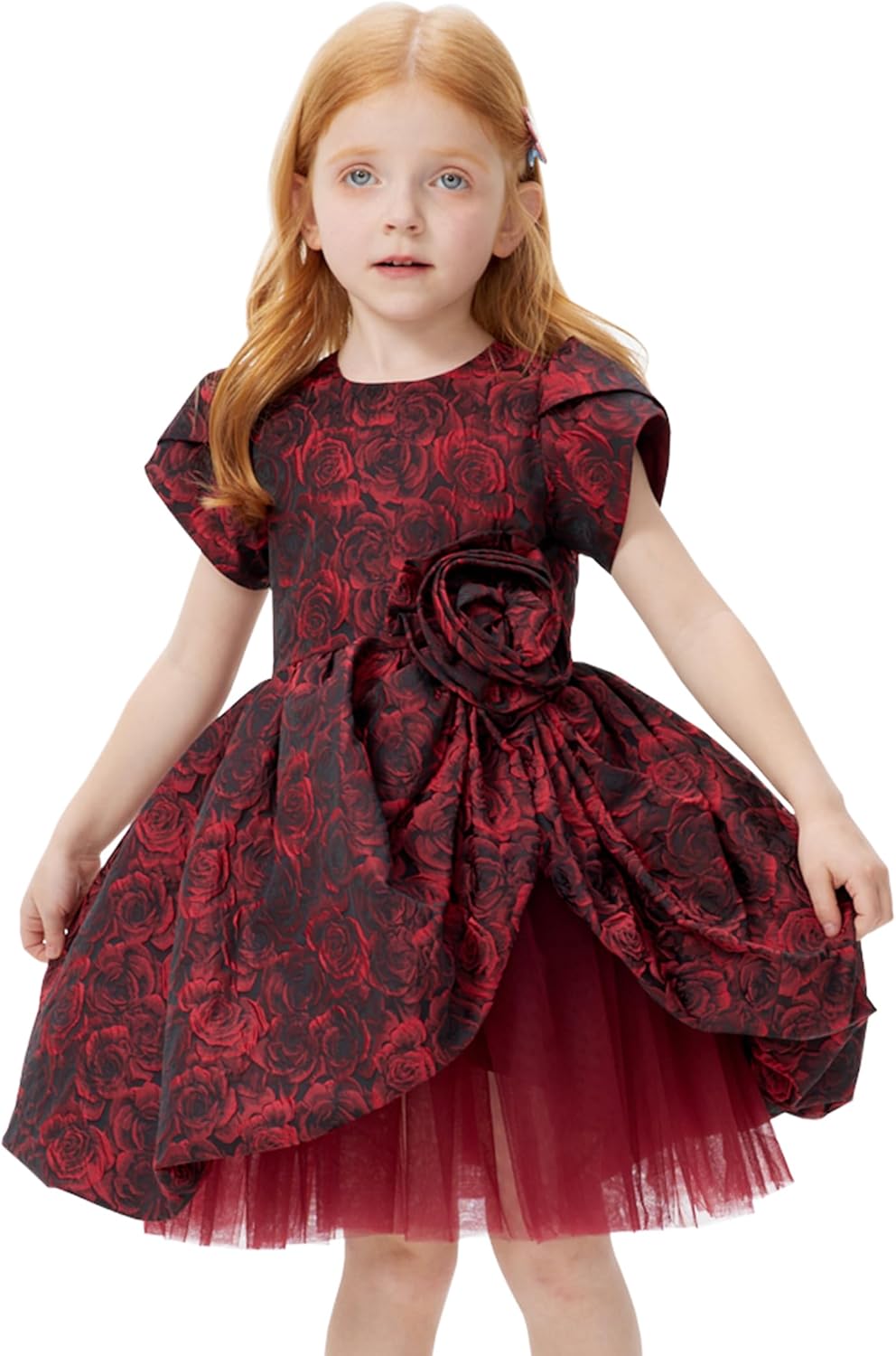 Girls Floral Dress A Line Puff Short Sleeve Casual Toddler Dresses Summer Daily Outfit Rose Poster