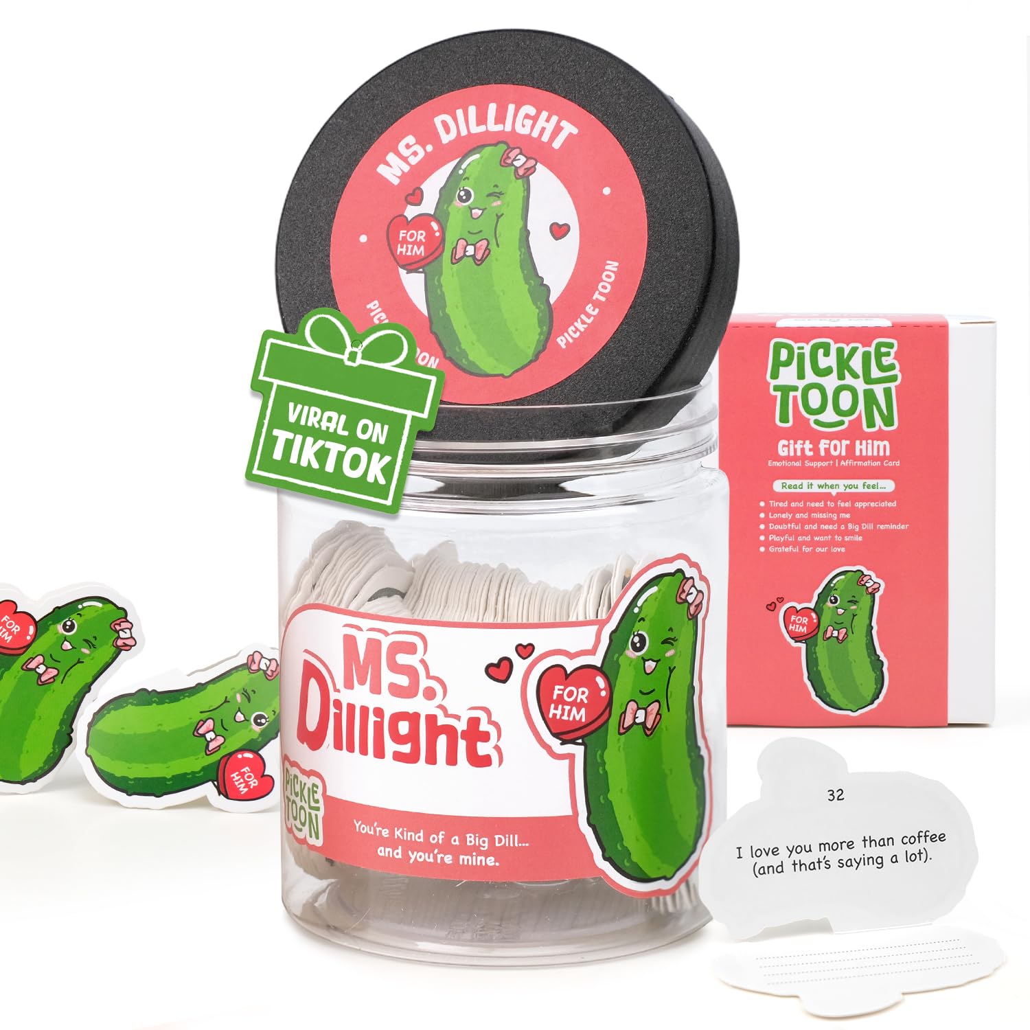 Emotional Support Positive Pickle Jar (MS DILLIGHT) Romantic Gift for Him &amp; Couples, 60 Love Affirmation Cards, I Love You Gift for Boyfriend or Husband, Valentine &amp; Anniversary Desk Decor
