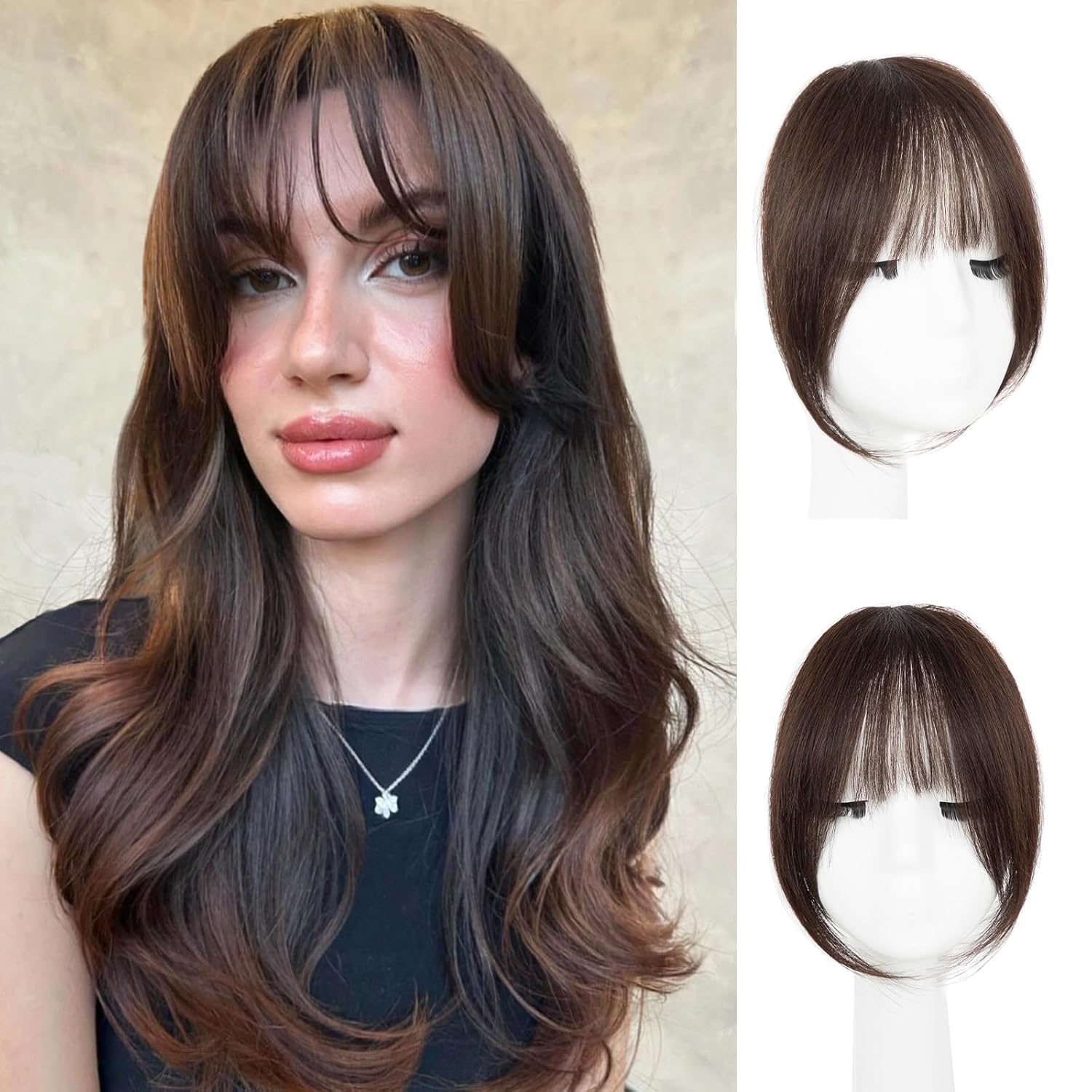 Clip in Bangs, 100% Real Human Hair Dark Brown Fake Bangs Clip in Hair Extensions French Bangs Fringe with Temples Hairpieces for Women Curved Curtain Bangs for Daily Wear Dark Brown French Bangs