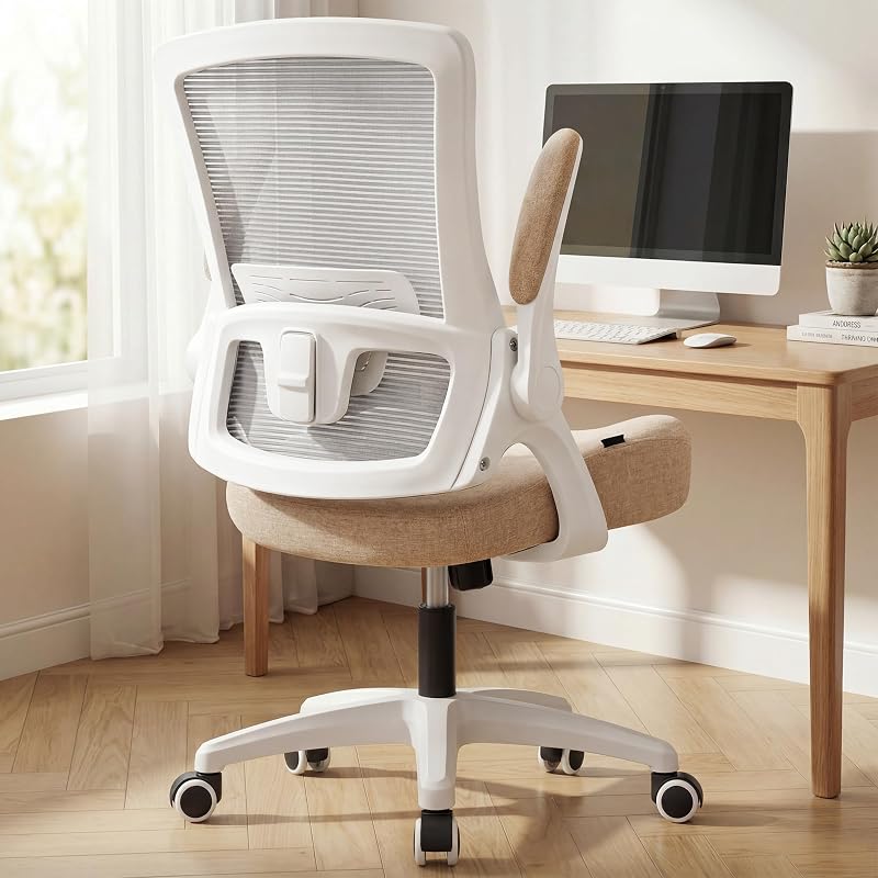 NEO CHAIR Silla de escritorio de oficina Silla de malla con respaldo alto ajustable lumbar, Beige | Diseño ergonómico de respaldo alto con malla transpirable, reposabrazos abatibles, soporte cómodo para la oficina en casa o el trabajo con computadora