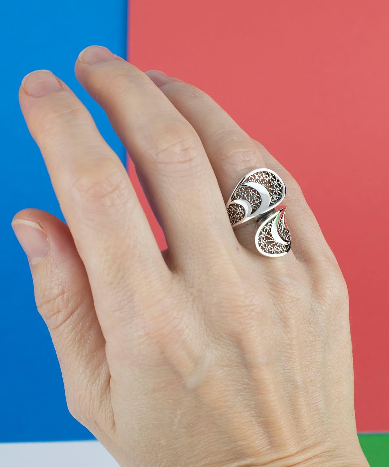 Filigranist 14k Gold Plated 925 Sterling Silver Handcrafted Filigree Art Bypass Design Women Statement Ring