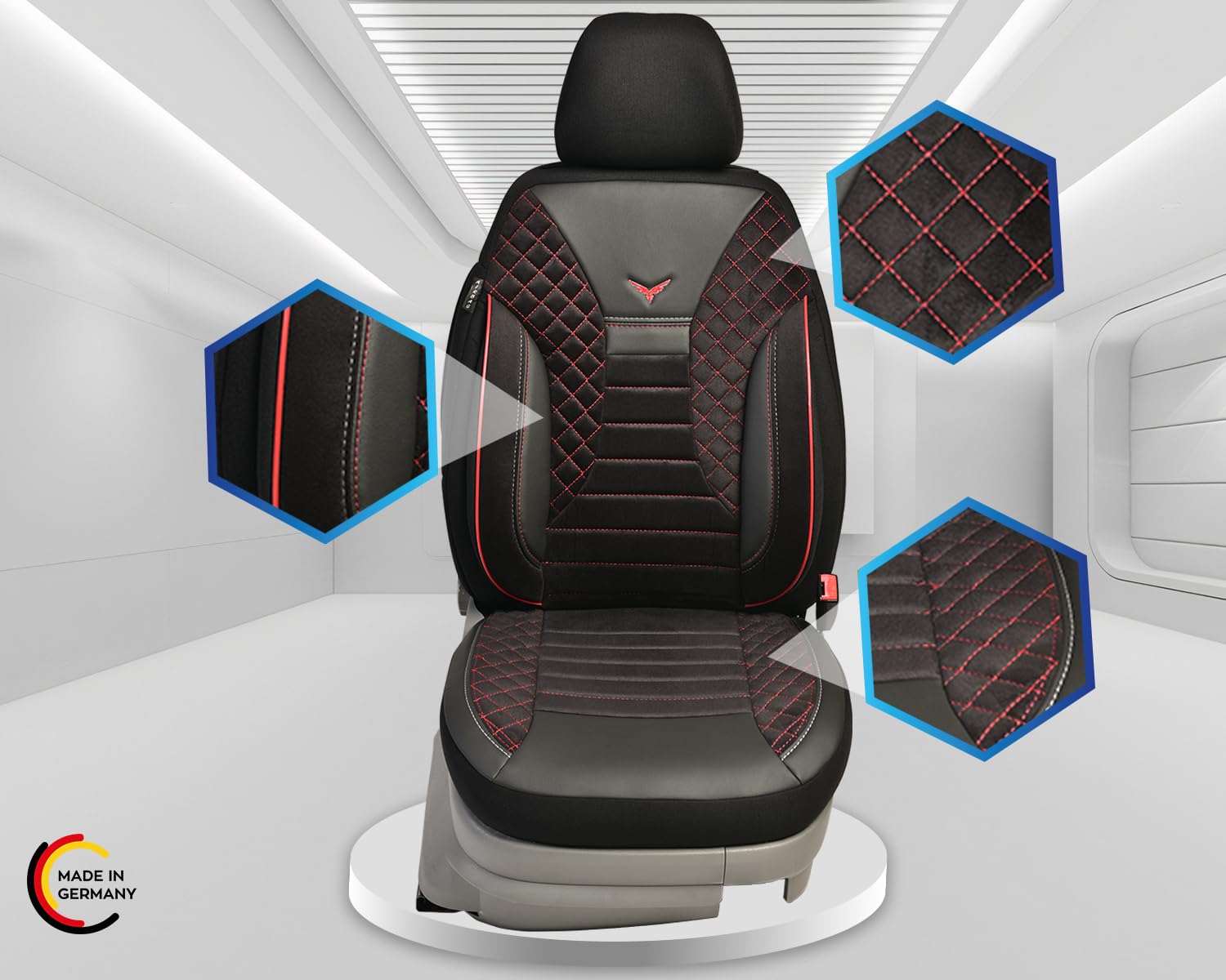 Autositzbezüge Universal für PKW, SUV – Premium Vordersitzbezüge Schwarz/Rot, hochwertig verarbeitet für mehr Sitzkomfort, Airbag-kompatibel, Schonbezüge für Fahrer & Beifahrersitz mit Rückentasche