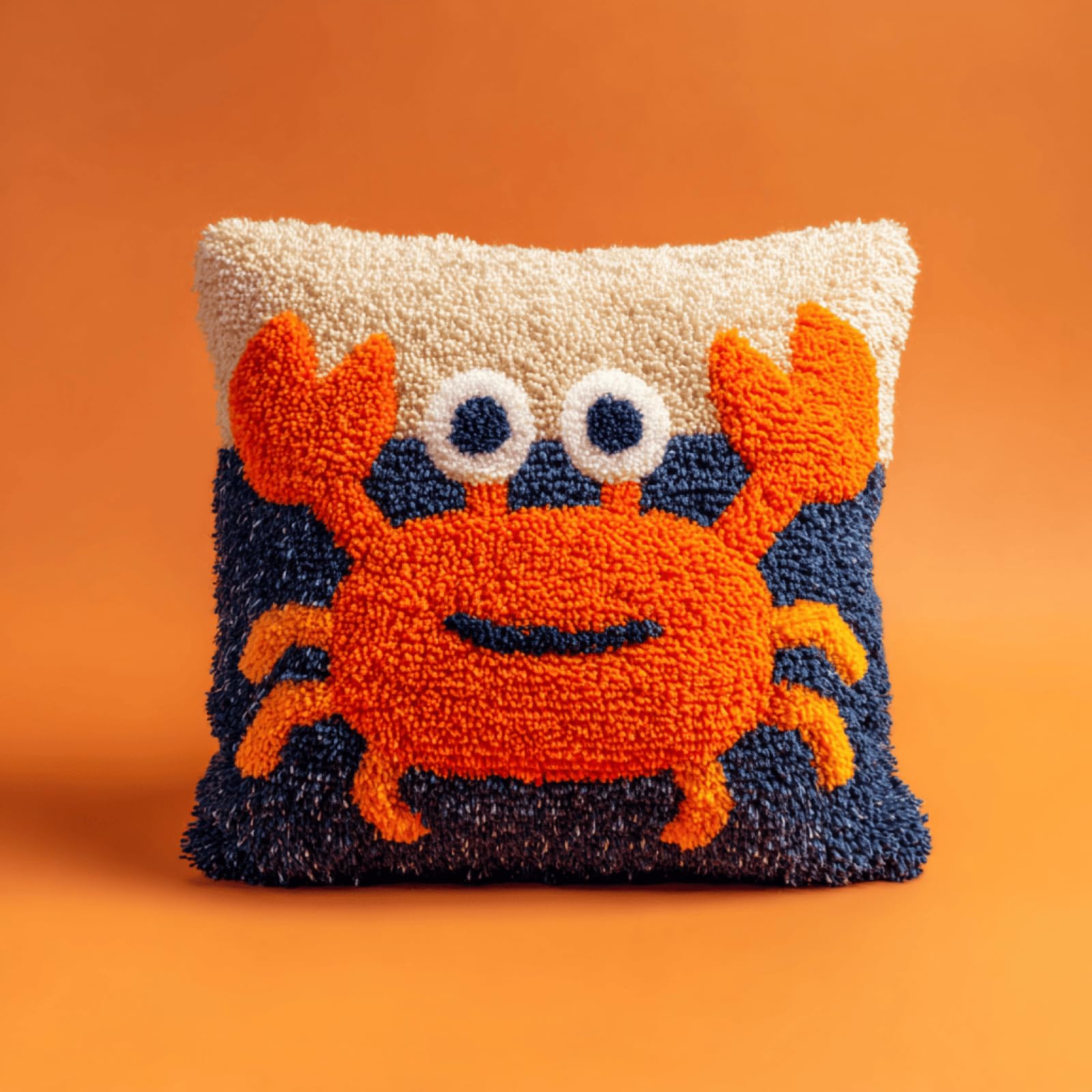 Taxpy DIY Latch Hook Cushion Kit for Beginners,Cartoon Crab,17x17in Pillow Cover Craft Set with Pre-Printed Canvas,Soft Yarn & Hook Tool,Relaxing Needlework Activity for Adults,Home Decor