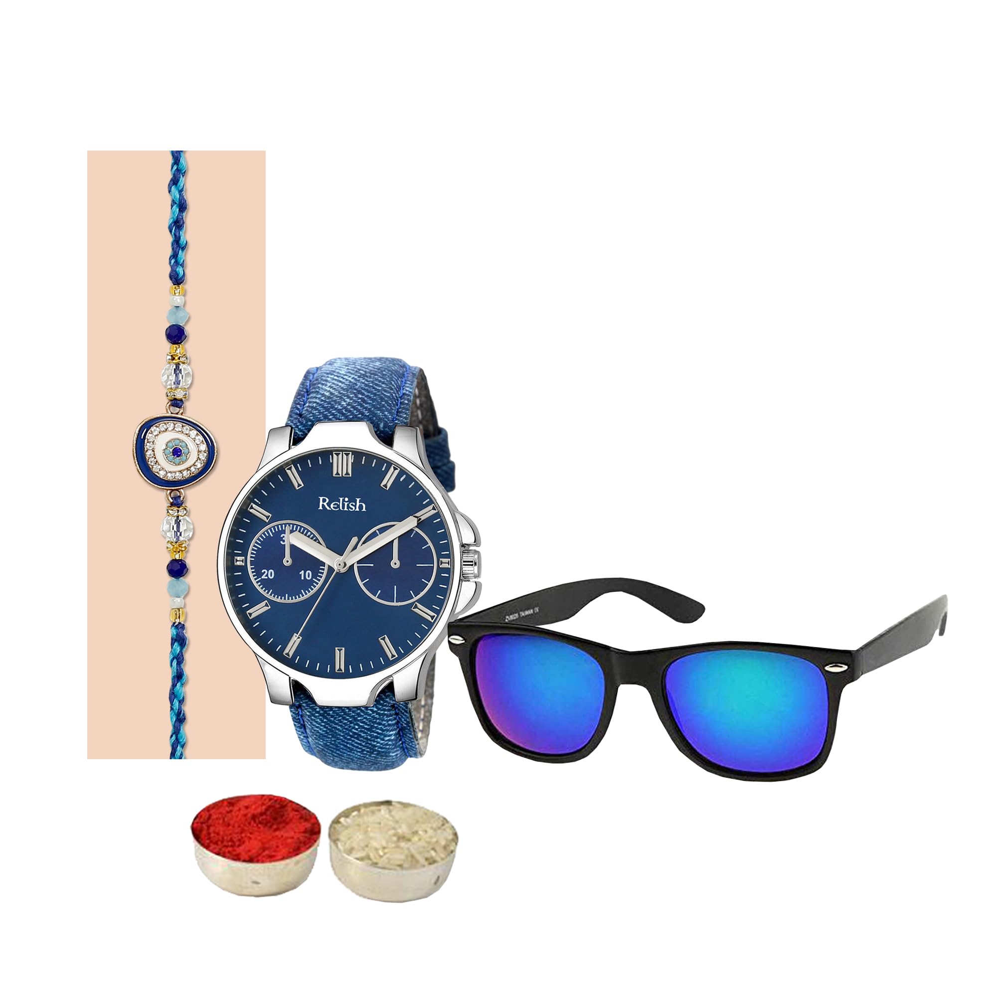 Relish Raksha Bandhan Rakhi Combo | Watch, Sunglasses, Evil Eye Rakhi with Roli Chawal Pack | Rakhi Gift Pack for Bhaiya (B0C5JFZYV7) Amazon Price History, Amazon Price Tracker