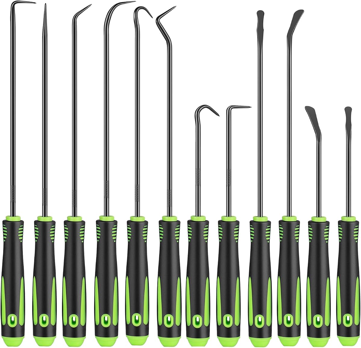 12 PCS Pick Set Mechanic, Long & Mini Pick and Hook Set with Non-Slip Grip | Automotive Pick Tools Set for Oil Seal Puller, O-Ring and Gasket Removal, Car Repair, Mechanical and DIY Use, Black/Green