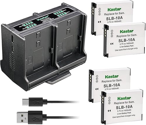 Kastar 4-Pack Battery and Quadruple Charger Compatible with Samsung ES50, ES55, ES60, EX2F, HMX-U10, HMX-U20, HZ10W, HZ15W, IT100, L100, L110, L200,