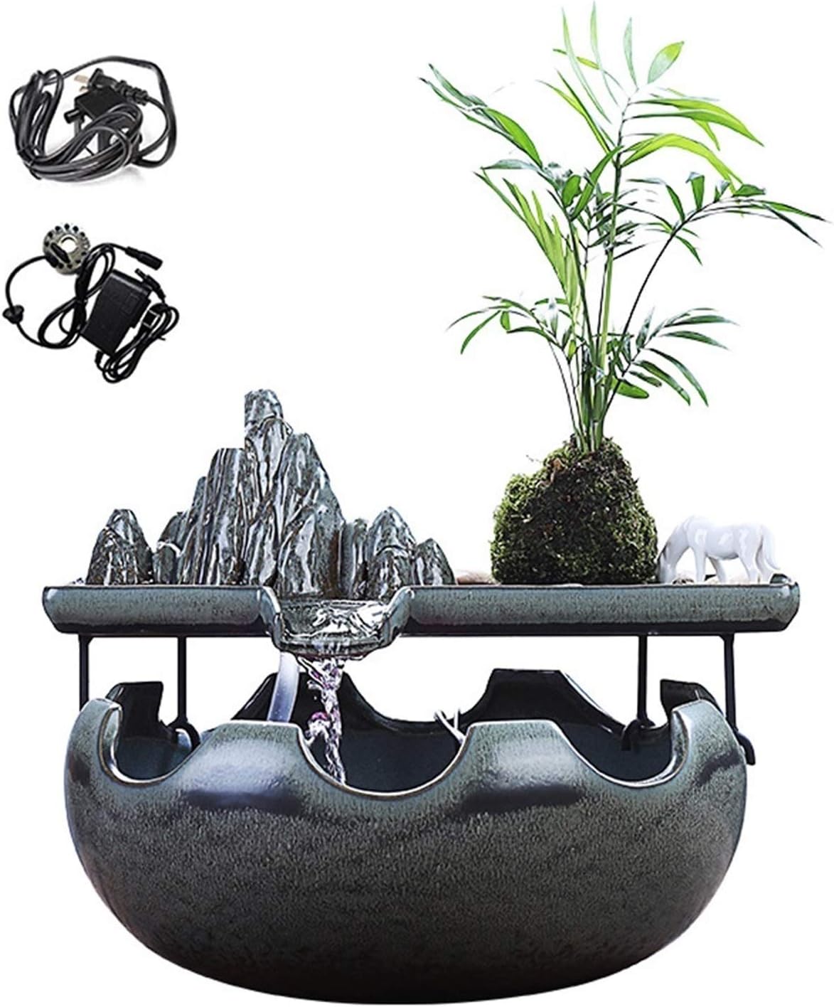Tabletop Fountain Feng Shui Lucky Decoration Desktop Fountain with Pump Fish Tank Ceramic Rockery Waterfall Water Landscape Office Desktop Humidifier Household Gifts Desktop Fountain(Color:B)