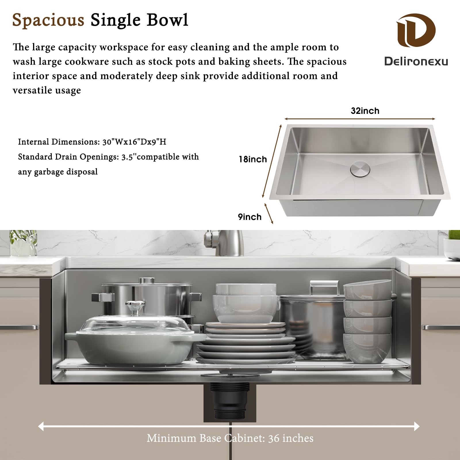 Delironexu - Lavello da cucina da 81 cm, in acciaio inox calibro 16, vasca singola, 81 x 45 cm, con finitura spazzolata, include 4 accessori