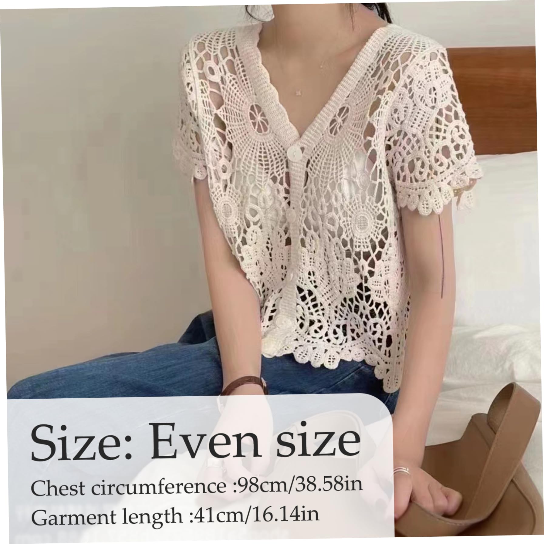 Cárdigan de Encaje para Mujer, cárdigan de Encaje Blanco Ahuecado de Manga Corta con Cuello en V, Encogimiento de Hombros de Ganchillo con Botones para Verano, Talla única, decoración