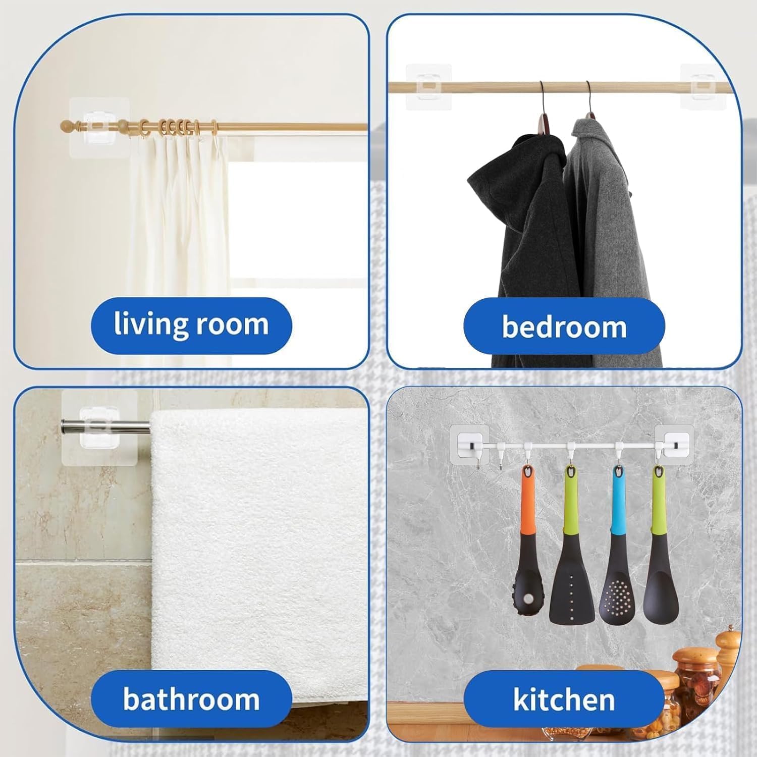 12PCS No Drill Curtain Rod Brackets -Self Adhesive Curtain Rod Holder - Nail Free Adjustable Curtain Rod Hooks Hangers for Bathroom Kitchen Home Bathroom and Hotel