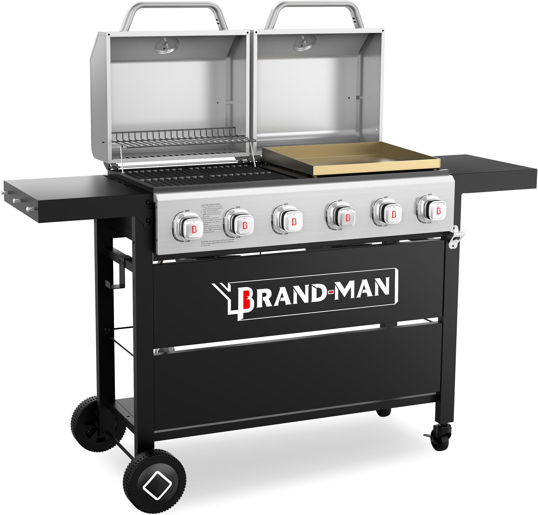 Brand-Man Griddle Grill Combo 6-Burner, 2 in 1 Versatile Propane Gas Grill and Griddle with Double Stainless Steel Lids, BBQ Combo for Outdoor Kitchen & Backyard Barbecue Cooking