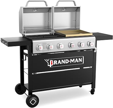 Brand-Man 6-Burner Propane Gas Grill Griddle Combo, 2-in-1 Outdoor BBQ Grill with Porcelain-Enameled Cast Iron Grates & Cast Iron Flat Top Griddle, Double Stainless Steel Lids for Backyard, 60,000 BTU