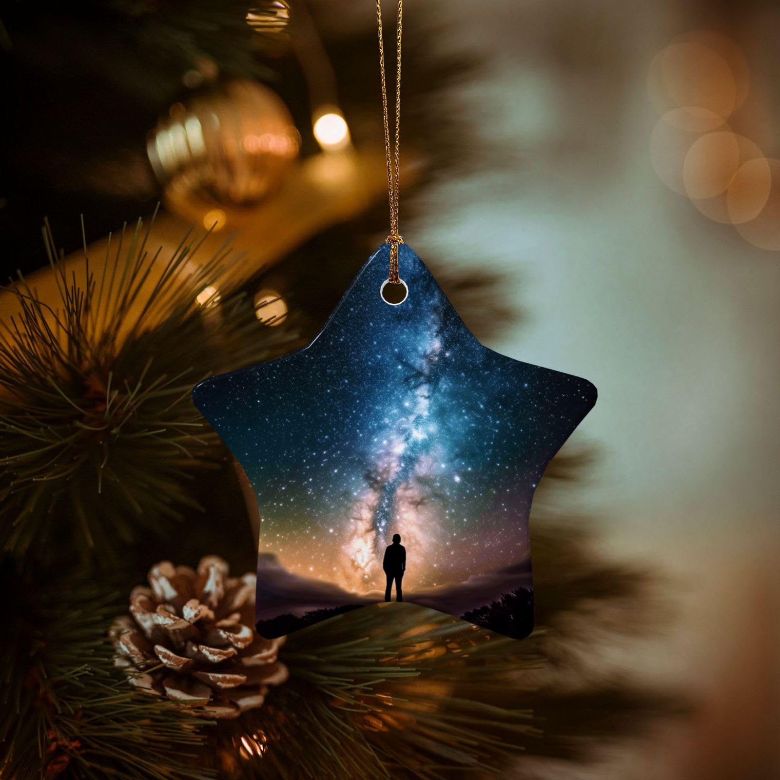 Christmas Tree Ornaments Ceramics Christmas Decorations Night Sky Ornaments with Gold Ribbon Porcelain Xmas Tree Crafts Star Shape Hanging Pendant for Christmas Tree Party Decor