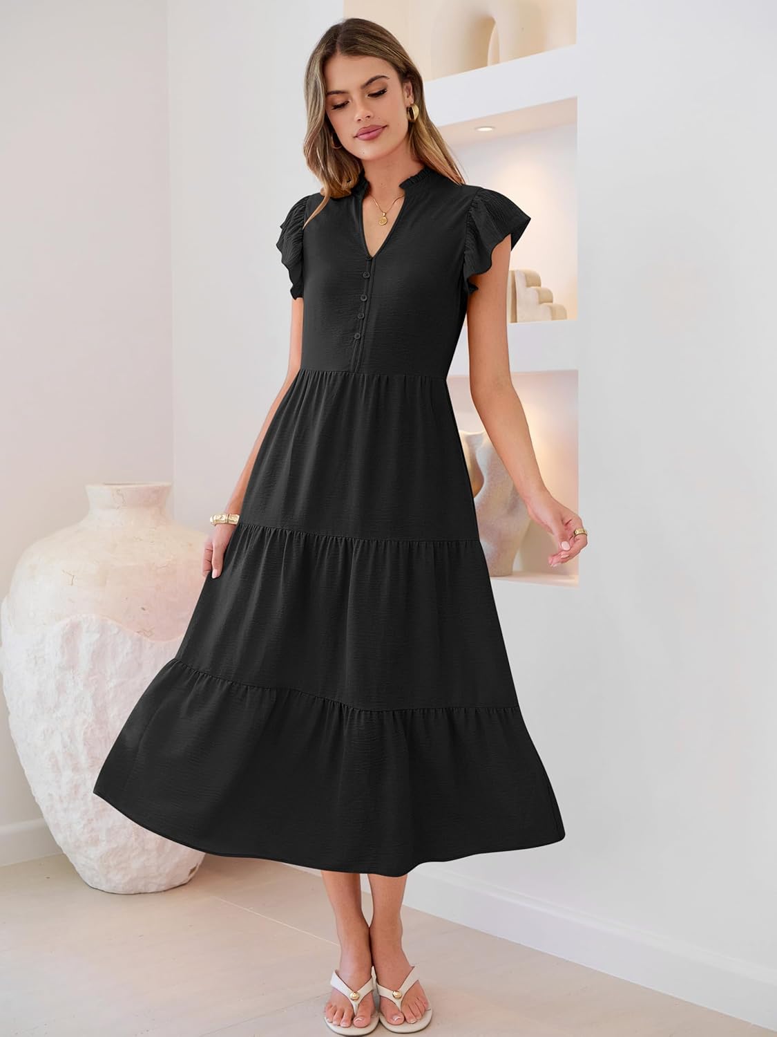Caracilia Women Summer Casual V Neck Button Down Ruffle Sleeve Midi Dresses 2026 Fashion Flowy Tiered Beach Vacation Sundress - Image 4