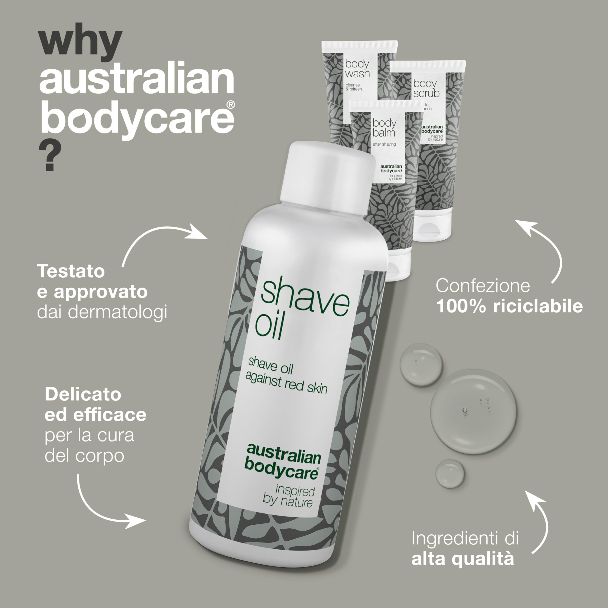 Kit di rasatura per tutto il corpo - Set con Doccia Corpo, Scrub, Balsamo e Olio da Barba - Soluzione Ultima per una Rasatura Confortevole - Infuso con Olio di Tea Tree