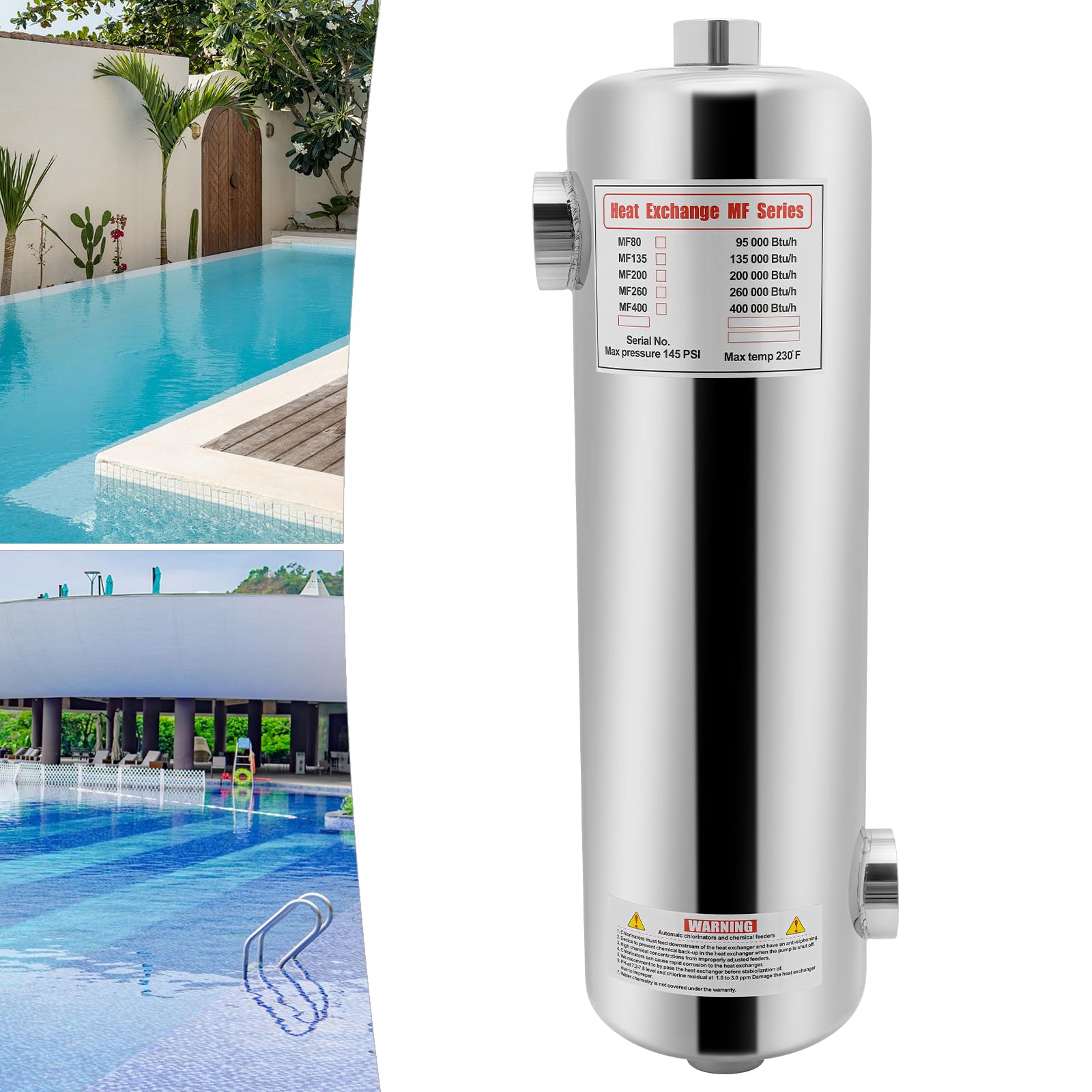 Edelstahl Poolwärmetauscher 60KW Schwimmbad-Wärmetauscher Edelstahl Schwimmbad Wärmetauscher Umgekehrter Auslass und Einlass