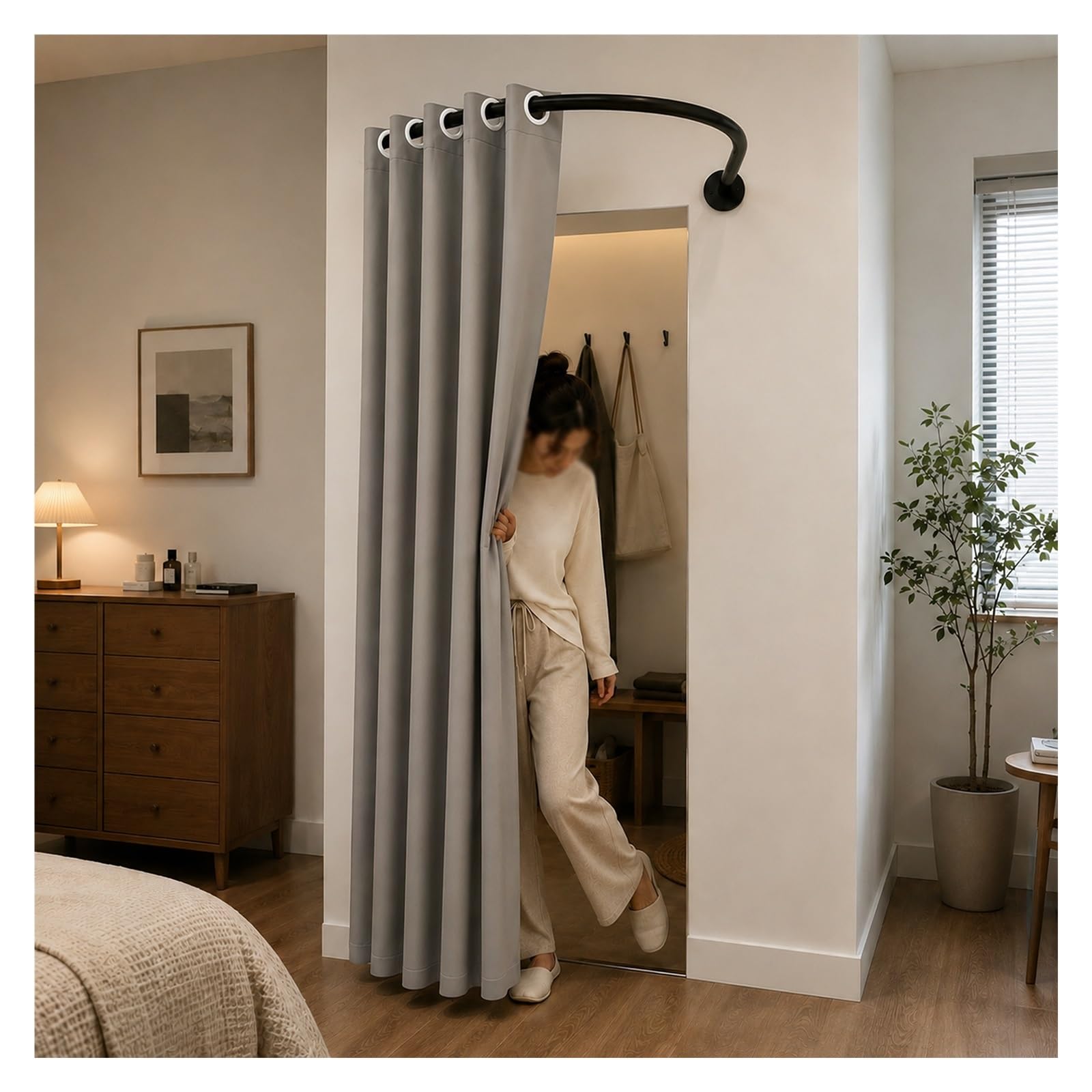ZJKXJH U Shaped Privacy Changing Curtain, Clothing Store Fitting Room Drapes, Space Saving Partition Curtain for Privacy Protection and Room Divider(Black Rod+B Curtain,130cm)