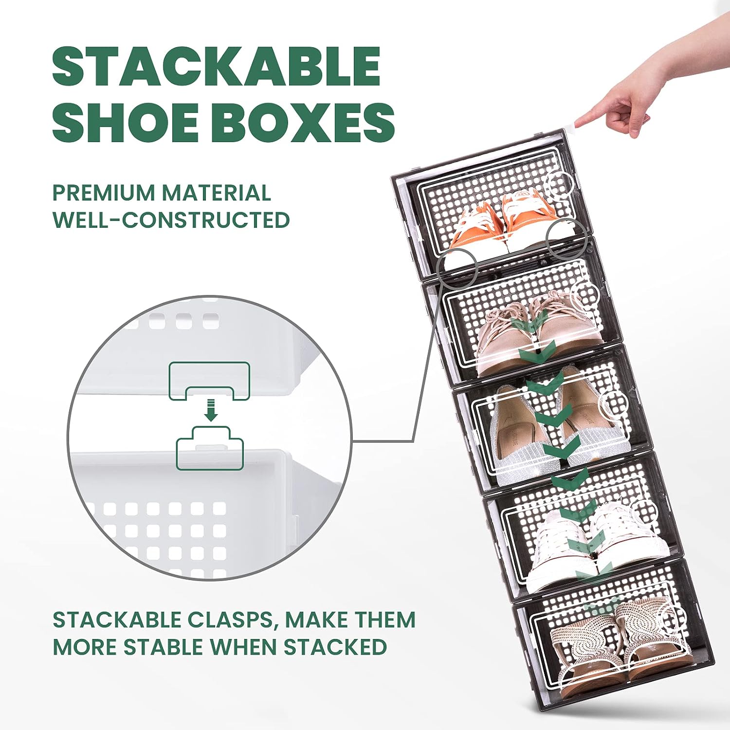 WALL QMER Shoe Boxes Clear Plastic Stackable, 12 Pack Shoe Storage 13 x 9 x 5.5in, Shoe Organizer with Lids, Sturdy, Easy to Install, Front Opening Shoe Holder Containers, Storage Box for Multi-use