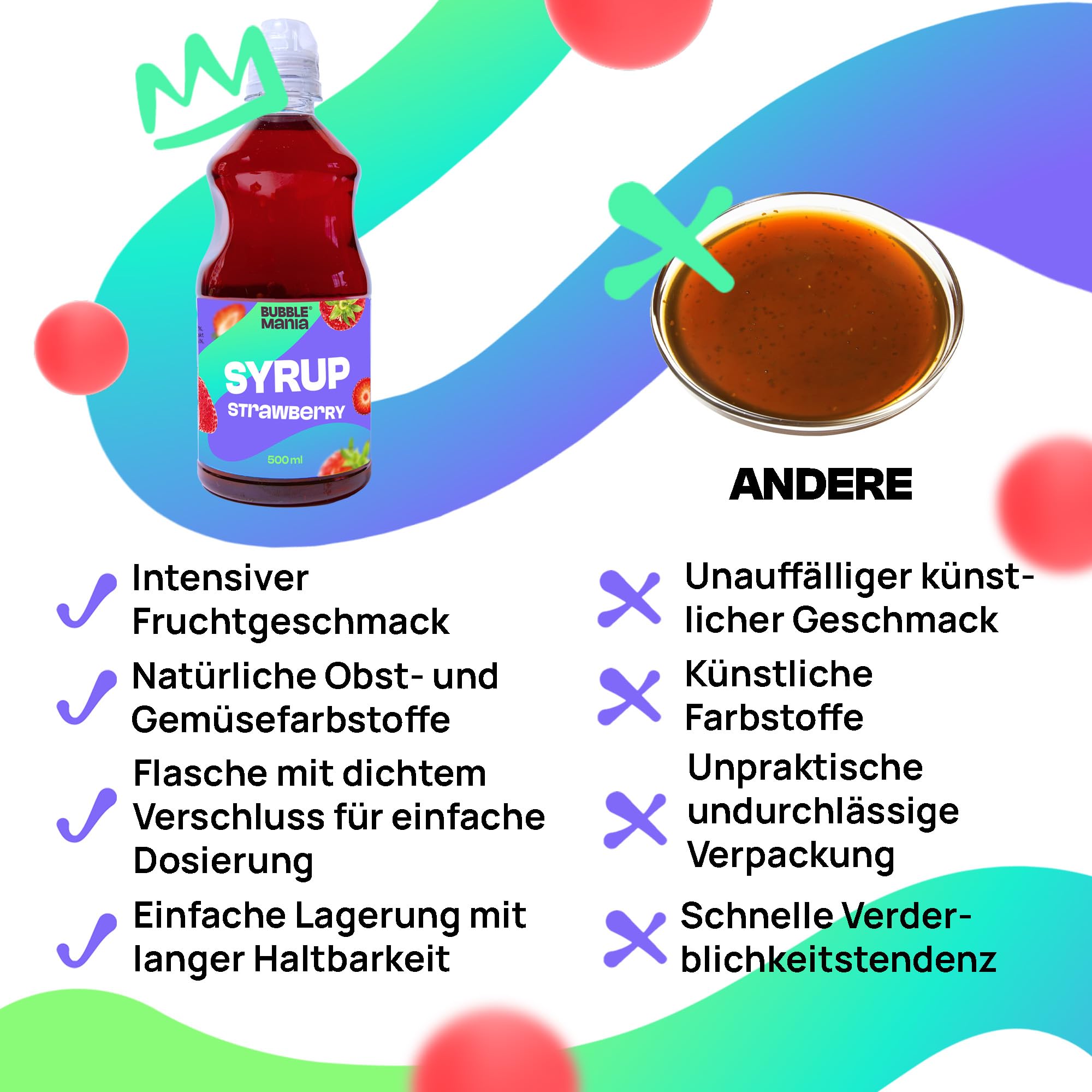 BubbleMania Bubble Mania Frucht Bubble Tea Sirup für Bubble Tea MIX – Erdbeere, Grüner Apfel, Pfirsich, Wassermelone | Getränke Sirup für Cocktails, Bubble Tea, Eis & Kuchen | 4 x 500 ml