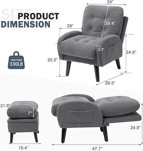 Miniatura 33 de Silla decorativa con respaldo ajustable otomano, silla de sala de estar tapizada con juego de reposapiés, silla moderna, acogedora silla reclinable