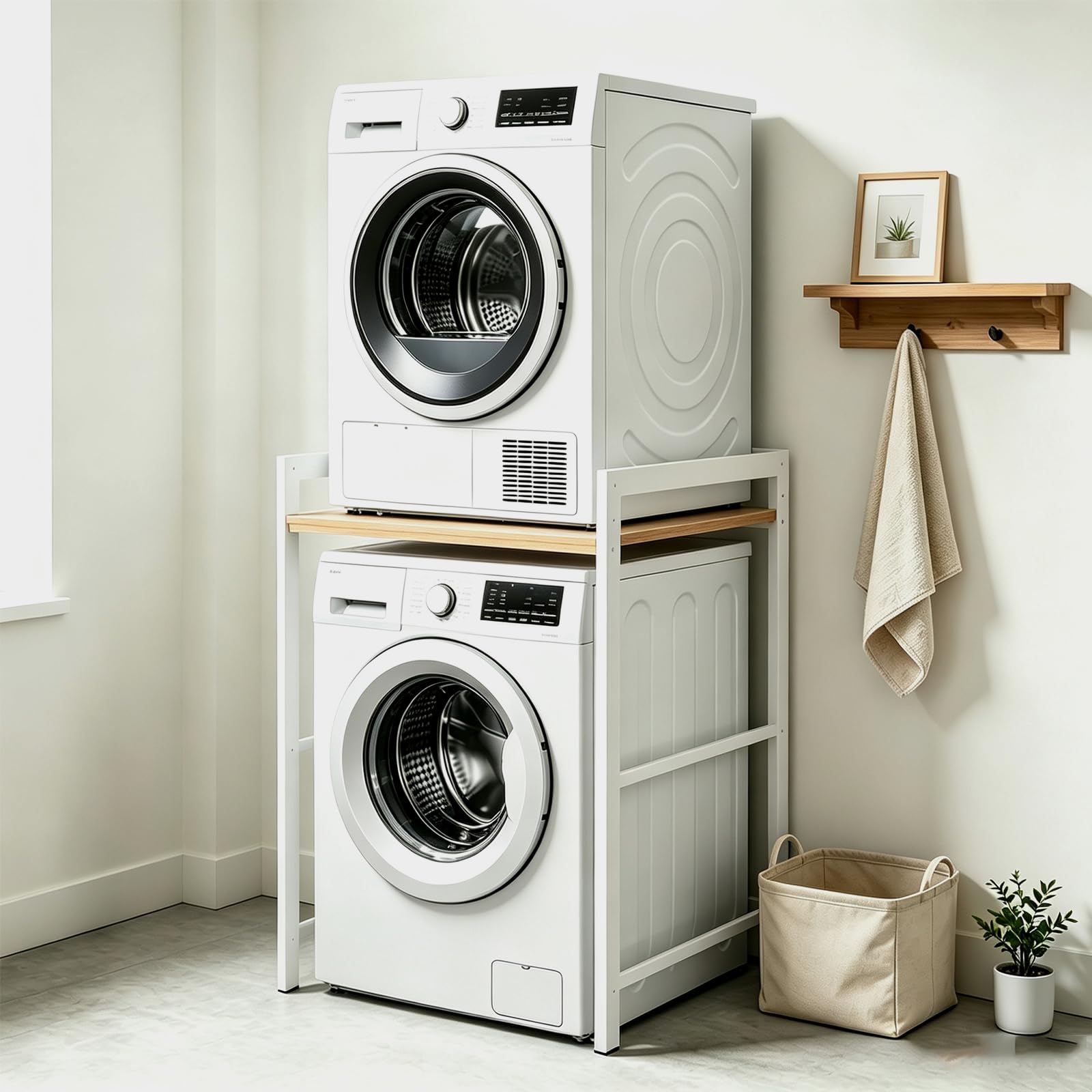 Meuble Machine à Laver, Étagère pour Machine à Laver et Seche Linge, 3 Réglable en Hauteur, Etagere Machine a Laver, Charge de 350 kg, pour Buanderie, Salle de Bain, Balcon(Blanc)