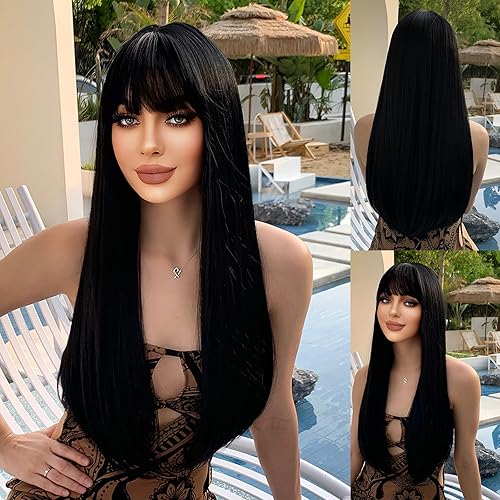 DGWIGS Wigs for Women 26 in Black Straight Wig with Bangs Middle Part Curly Wig Natural Looking Synthetic Heat Resistant Fiber Wig for Daily Party