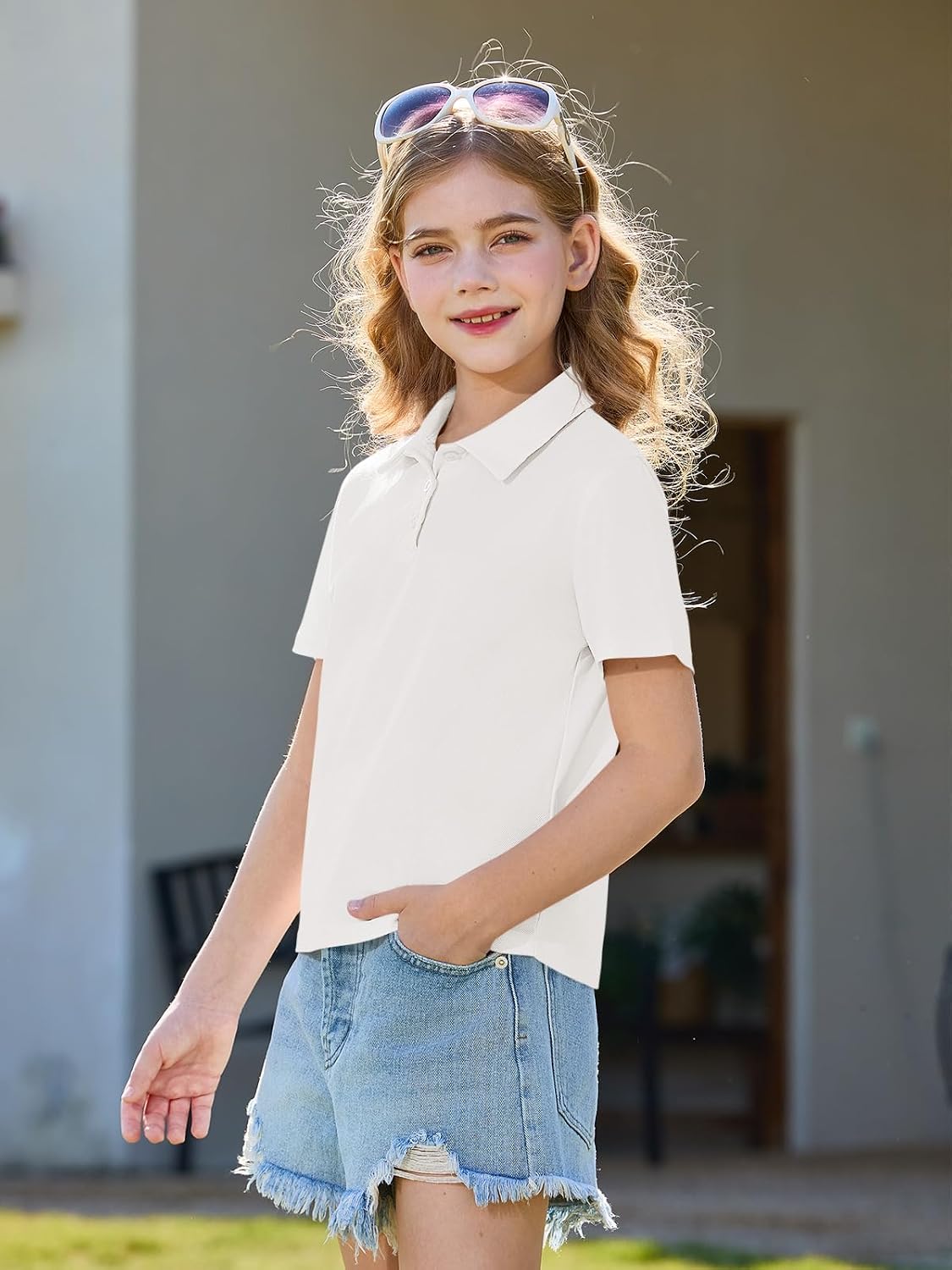 Haloumoning Girls Short Sleeve Polo Shirts Kids School Uniform Pique Polo Shirt 5-14 Years