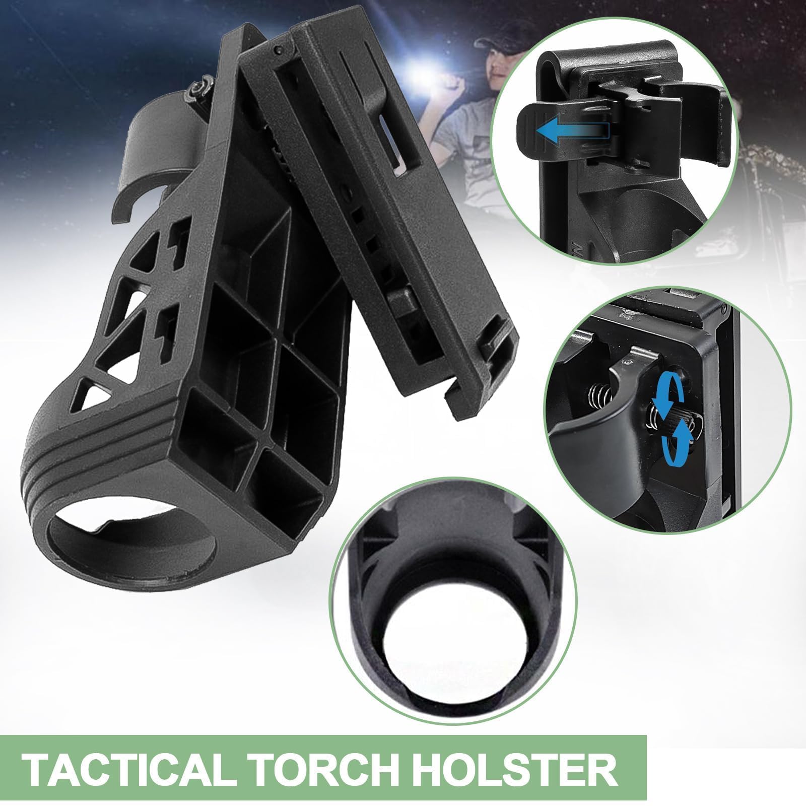 SQLJYU Ruotabile a 360 Gradi Porta Torcia Cinturone, Porta Guanti Cinturone Nero, Supporto per Torcia Tattica Militare, per Torce da 22-32 mm Fondina per Torcia