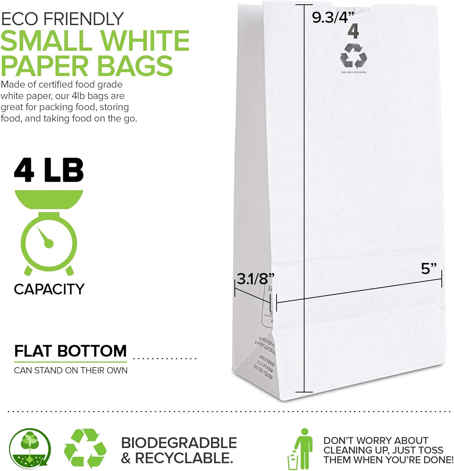 4 Lb Kraft White Paper Bags Lunch (500 Count) - Bulk Disposable Lunch Sacks, Small Size Blank Bag for Kids, Good for a Snack, Sandwich, Grocery Food, and Arts & Crafts Projects, Stock Your Home