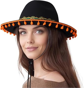 Mariachi Sombrero Hat Wide Brim Corned Hat with Plush Ball Trim for Halloween Costume, Mexican Themed Party
