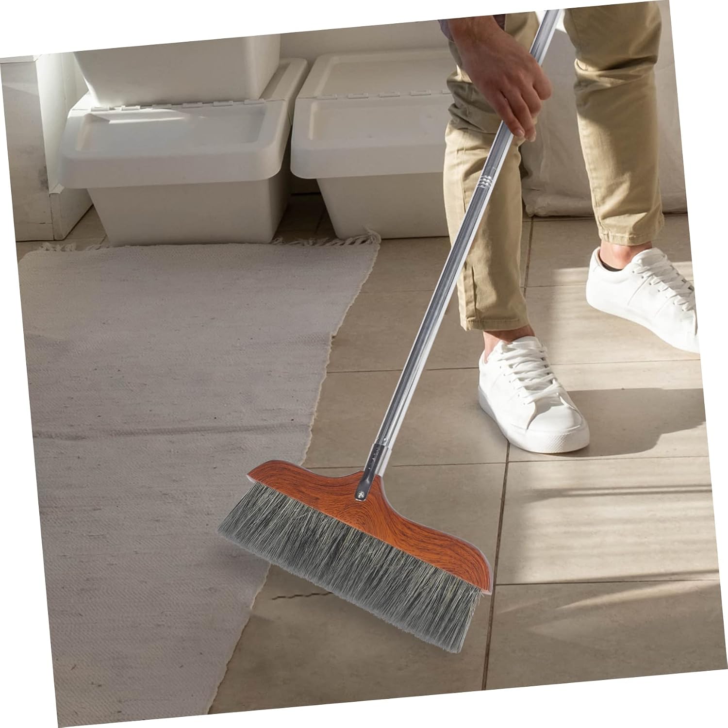 KOMBIUDA Floor Sweep Broom Oak Soft Hair Stainless Steel Handle Telescoping Cleaning Broom for Home Office Rv