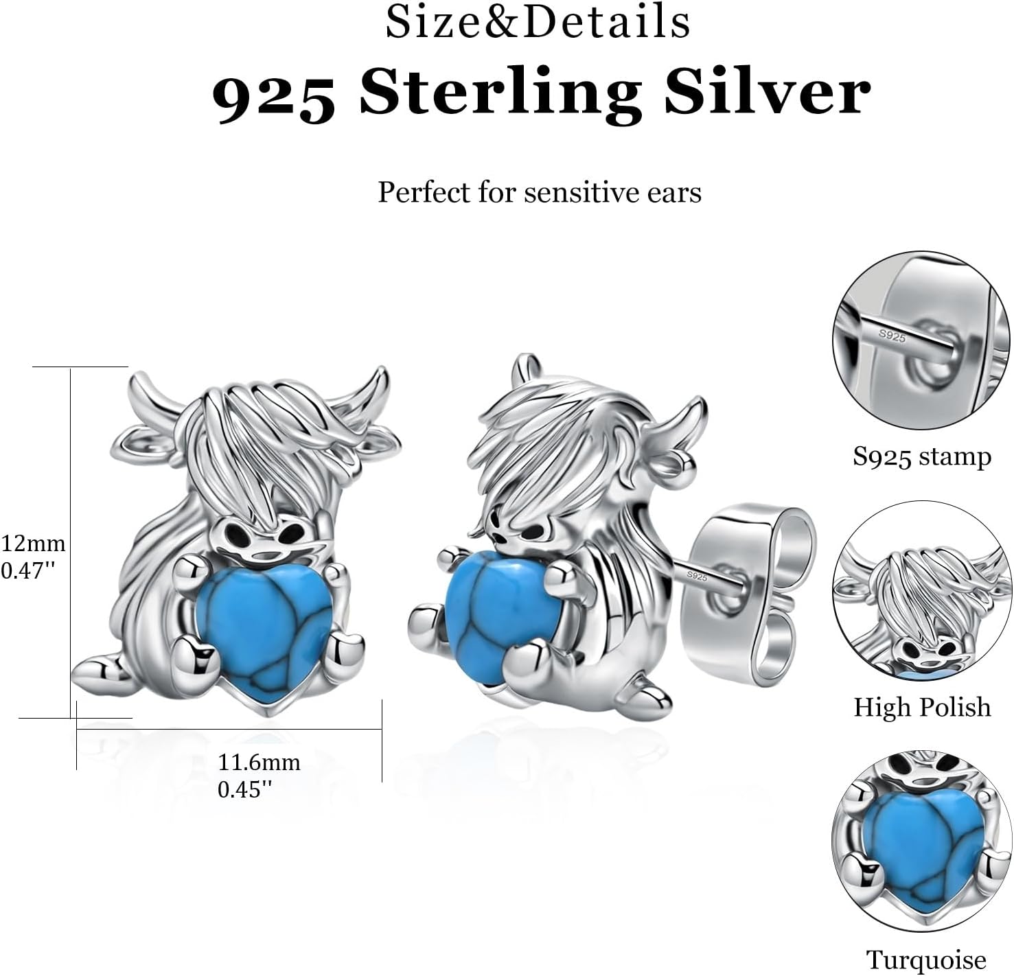 Highland Cow Earrings 925 Sterling Silver Scottish Hyland Cow Studs Hypoallergenic Highland Cow Jewelry Birthday Gifts for Women Mother Wife Girlfriend
