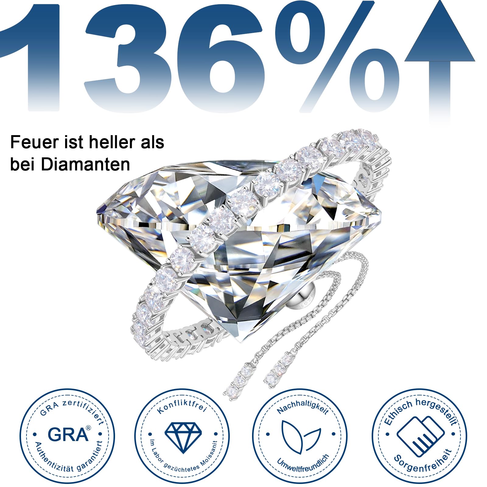 Armband Damen Moissanite Armband aus 925er Sterlingsilber Hypoallergen Längenverstellbar D-Farbe Reinheit VVS1 Geschenke für Frauen