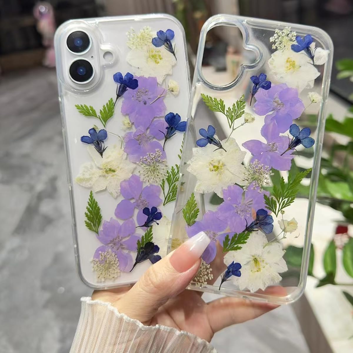 for iPhone 16 Clear Glitter Floral Case,Cute Pressed Real Flowers Design Bling Sparkly White Floral Soft TPU Silicone Bumper Shockproof Protective Case for Women Girls for iPhone 16 6.1",Blue - Image 5
