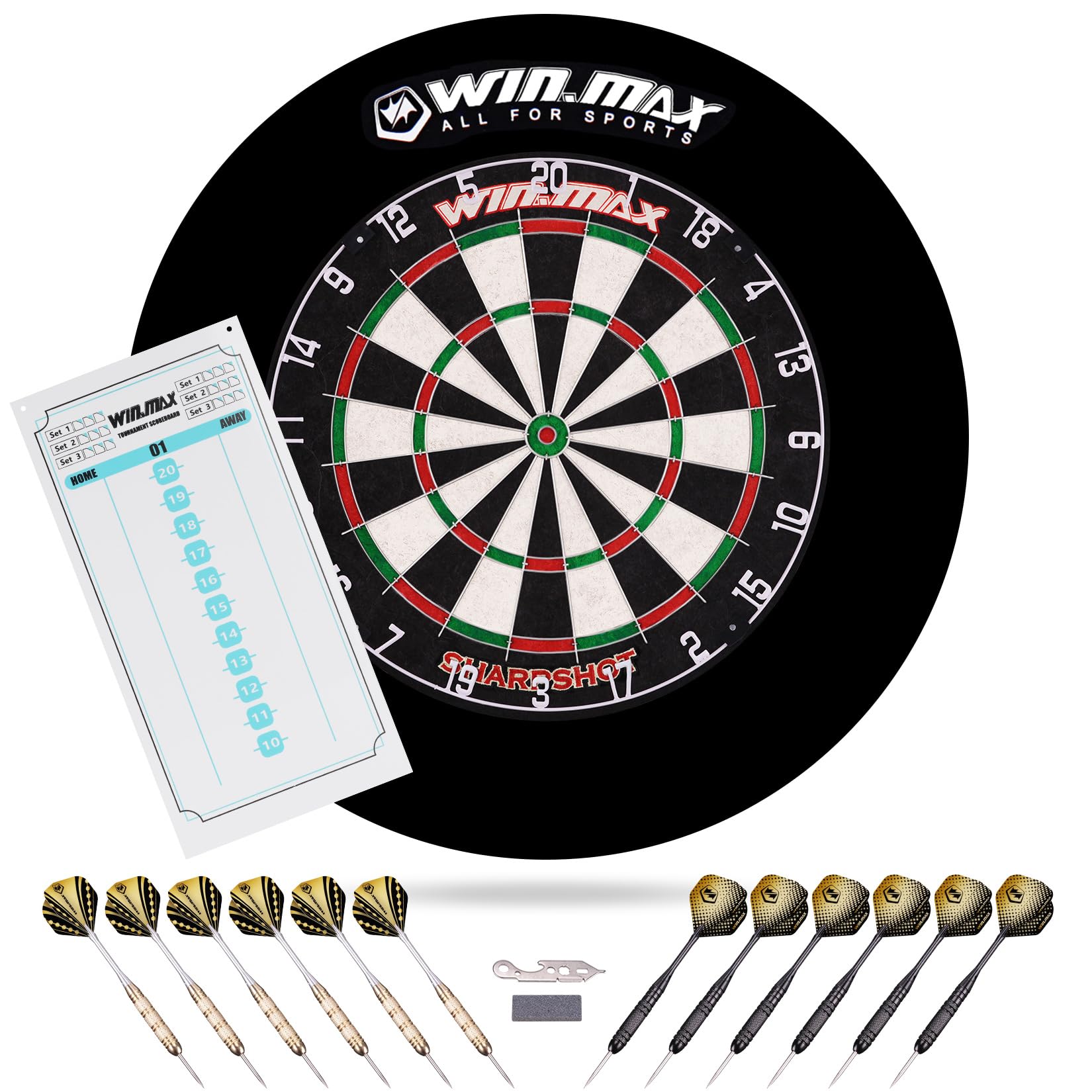 WIN.MAX Dartscheibe Kork Dartscheibe mit Pfeilen Offizielles Steeldartscheibe Dartscheibe Steeldart Dartscheibe Set 12 Dartpfeile Metallspitze,24 Flights