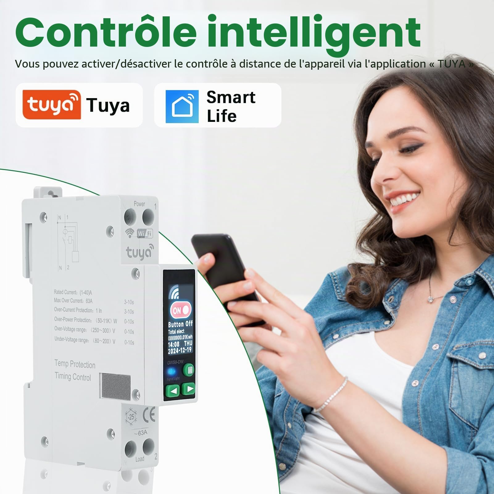 Disjoncteur 40A tuya wifi compteur electrique circuit breaker wifi interrupteur minuterie 90-240V AC 1P+N interrupteur à distance avec protection contre les surtensions etc (avec indicateur LED)