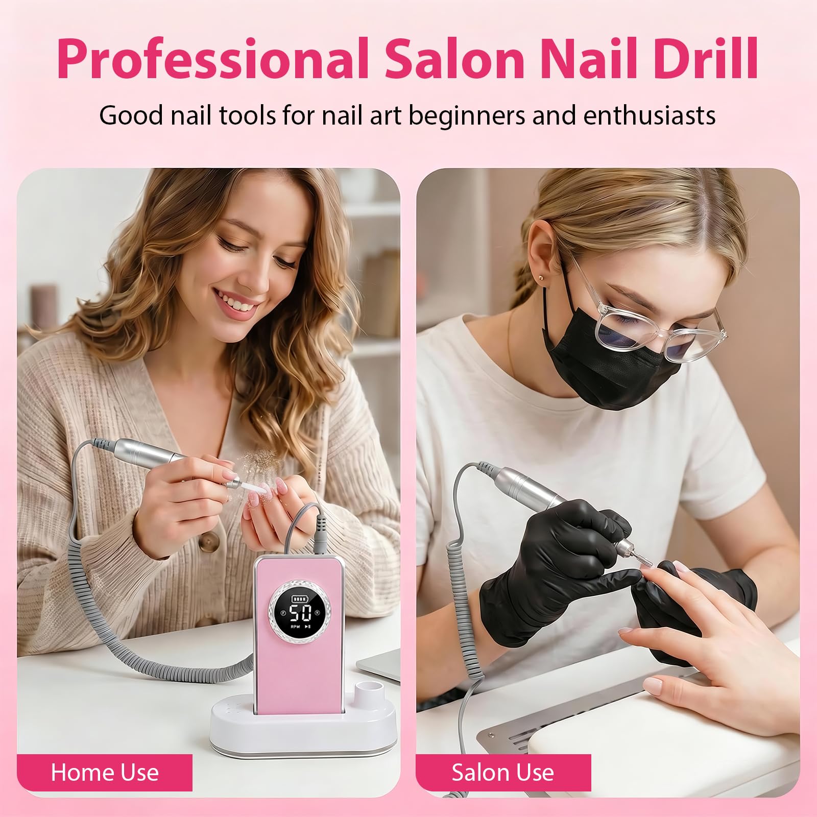 Fresa per unghie Professionale 50000 RPM, Kit di Lima Elettrica Portatile Ricaricabile Per Unghie Acrilico Gel, Cura dei Piedi & Lucidatura, Trapano per Unghie Senza Fili per Casa & Salone Rosa acceso