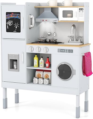 Costzon Juego de cocina para niños, juego de juguetes Montessori de madera con sonido y luz, altura ajustable, campana extractora, estufa,